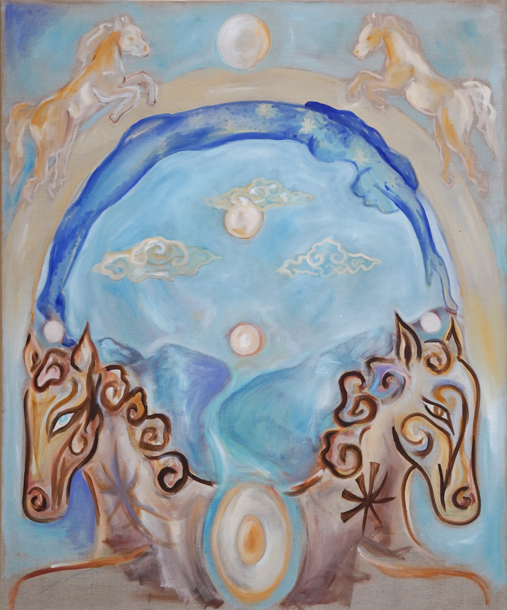 Anamnesis — transcendental oil painting on linen, 48 × 40 inches, homage to Durango, by Luna Van Arsdale. Celestial Dew 2026.