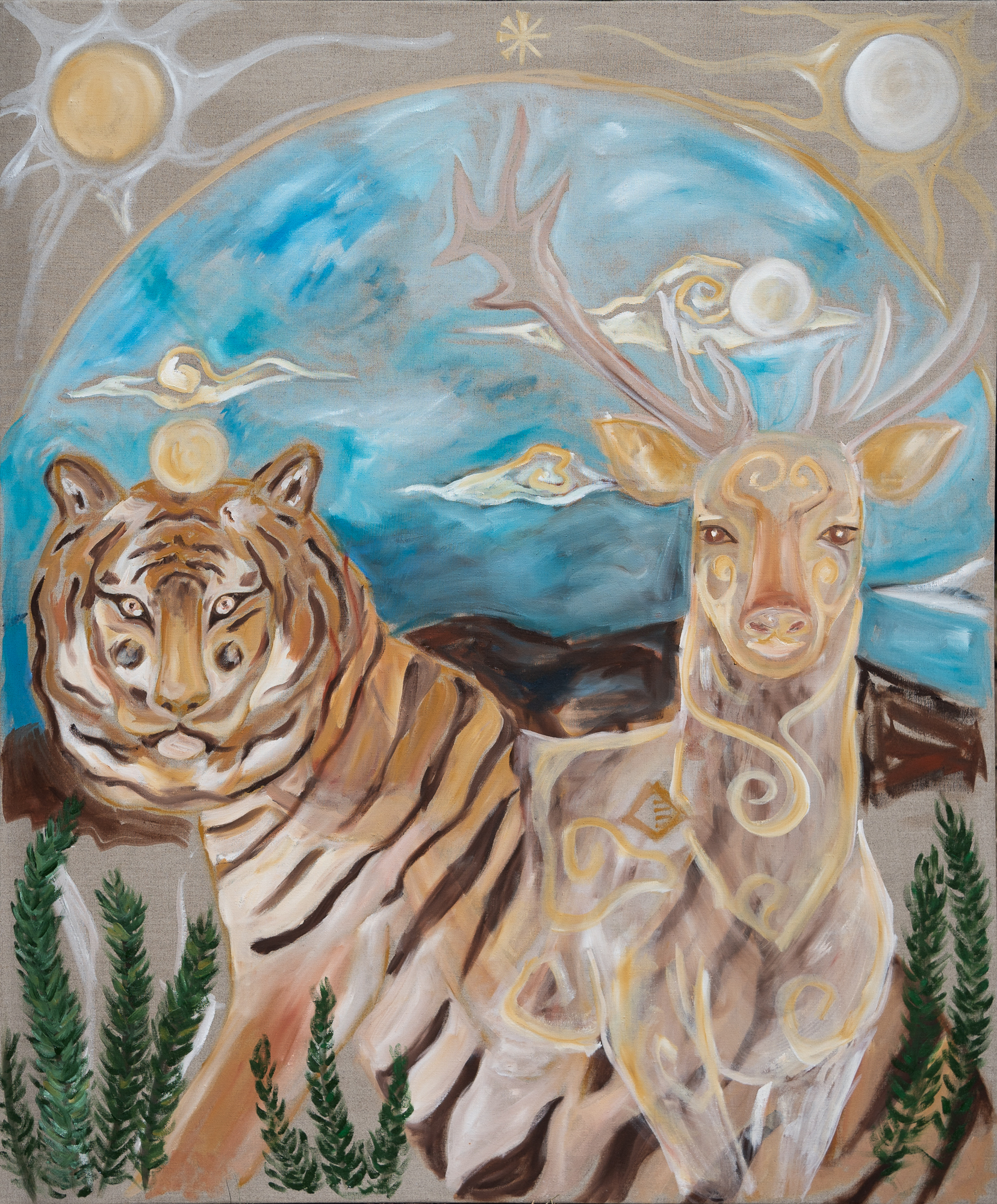 Quintessence — transcendental oil painting on linen, 48 × 40 inches, homage to Santa Fe, by Luna Van Arsdale. Celestial Dew 2026.